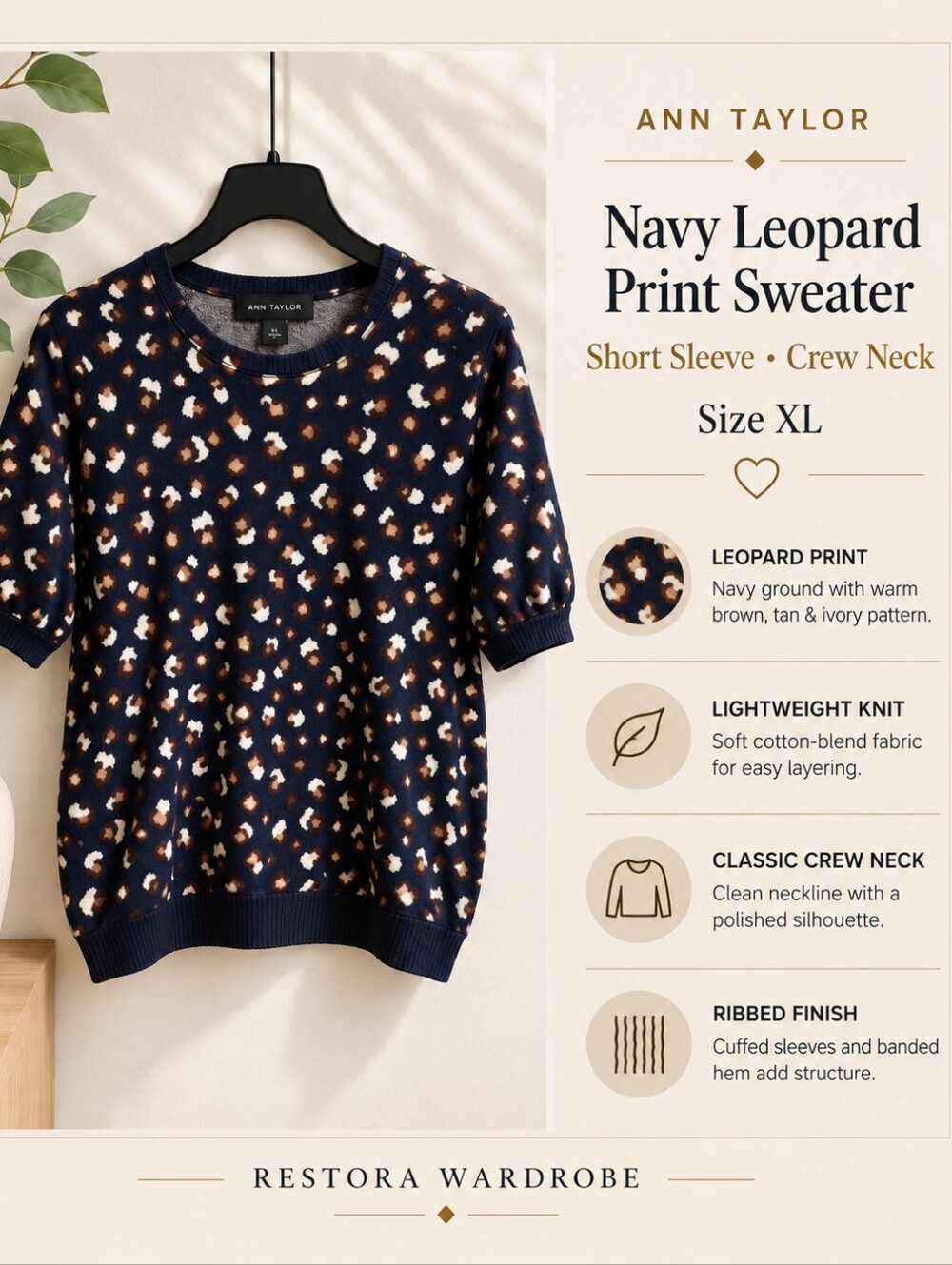 Ann Taylor Navy Leopard Print Short Sleeve Sweater Preppy XL